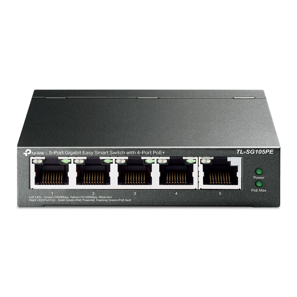 TP Link - PoE Switch - TL-SG105PE - 4 port PoE GbE up to 30w per port - Uplink 1x RJ45 - 65w TP Link - PoE Switch - TL-SG105PE - 4 port PoE GbE up to 30w per port - Uplink 1x RJ45 - 65w