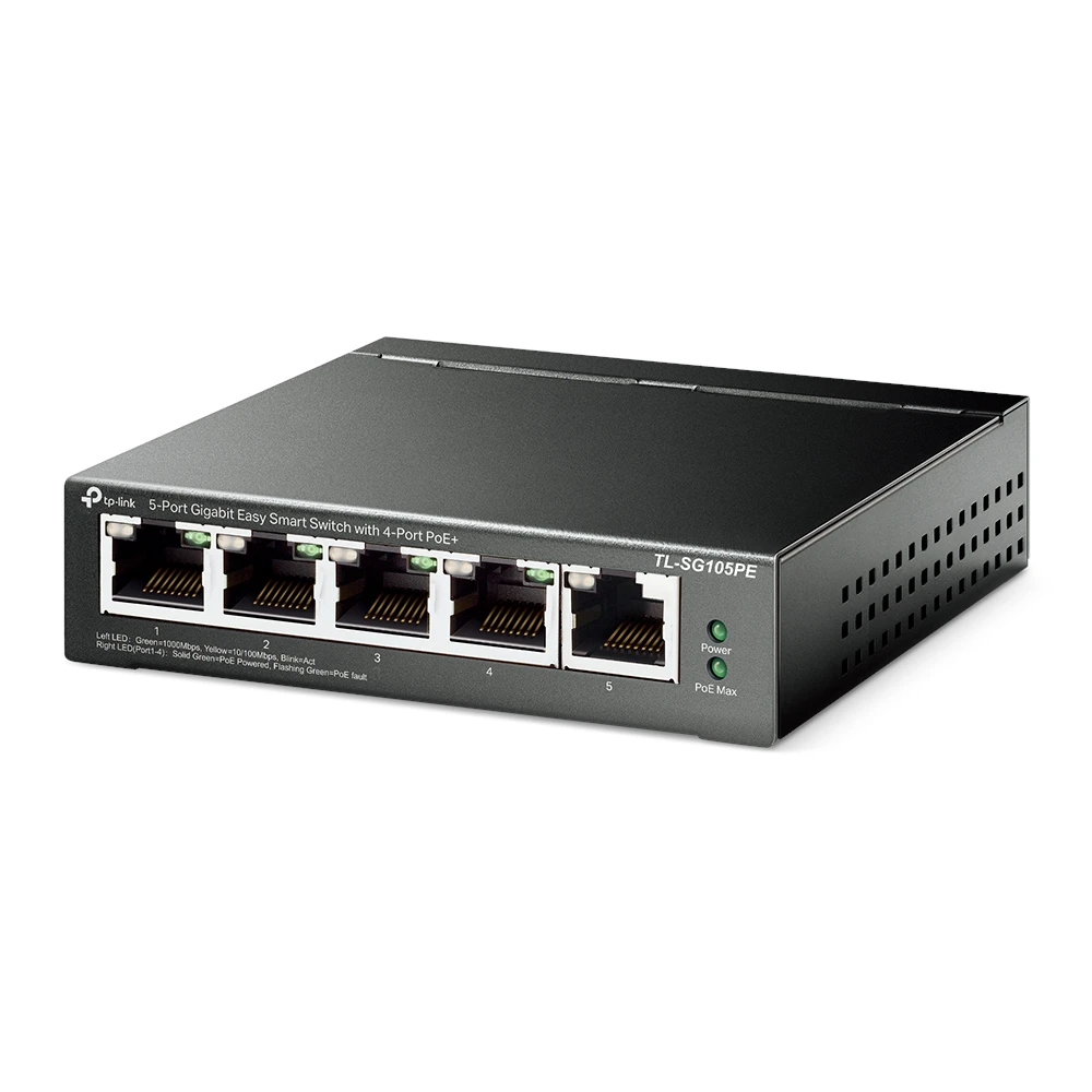 TP Link - PoE Switch - TL-SG105PE - 4 port PoE GbE up to 30w per port - Uplink 1x RJ45 - 65w TP Link - PoE Switch - TL-SG105PE - 4 port PoE GbE up to 30w per port - Uplink 1x RJ45 - 65w